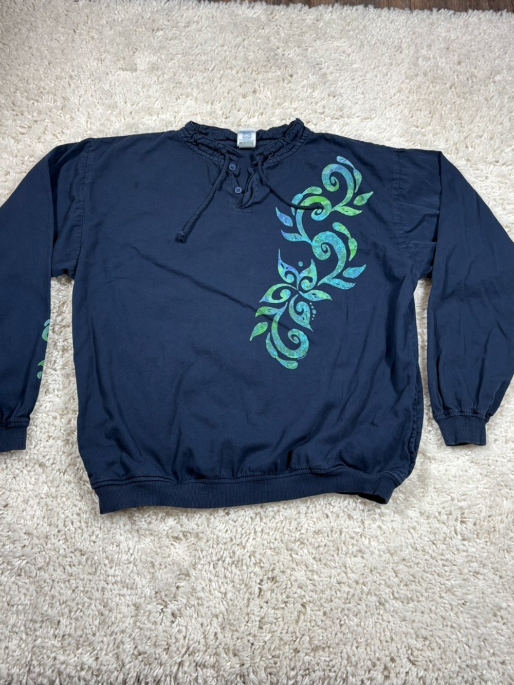 Crazy Shirts Hawaii Original Women’s LG Navy Floral Henley Pullover Sweatshirt